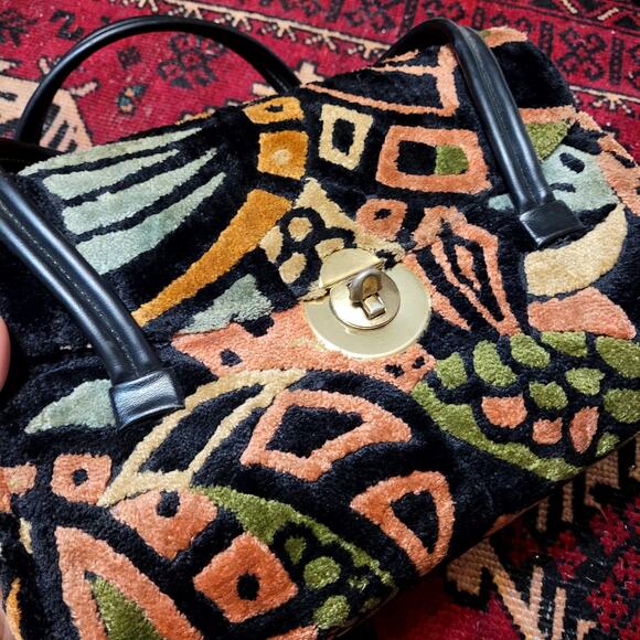 Vtg 60s Retro Chenille Box Purse Colorful Abstract Carpet Bag - Picture 1 of 5